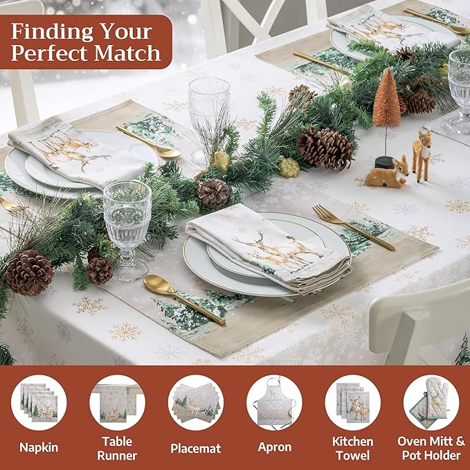 Maison d' Hermine Table Cloth Rectangle Table 100% Cotton 70 x 120 Inches Fall Tablecloth Reusable Everyday Use for Thanksgiving Christmas Decorations Dining Farmhouse Party (Deer in The Woods)