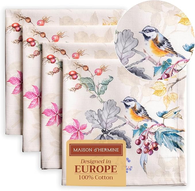 Maison d' Hermine Cloth Napkins Set of 4 100% Cotton for Thanksgiving Christmas Decorations Everyday Reusable Square Fall Napkins Cloth Washable Dinner Party (Equinoxe - Beige, 20"x20")