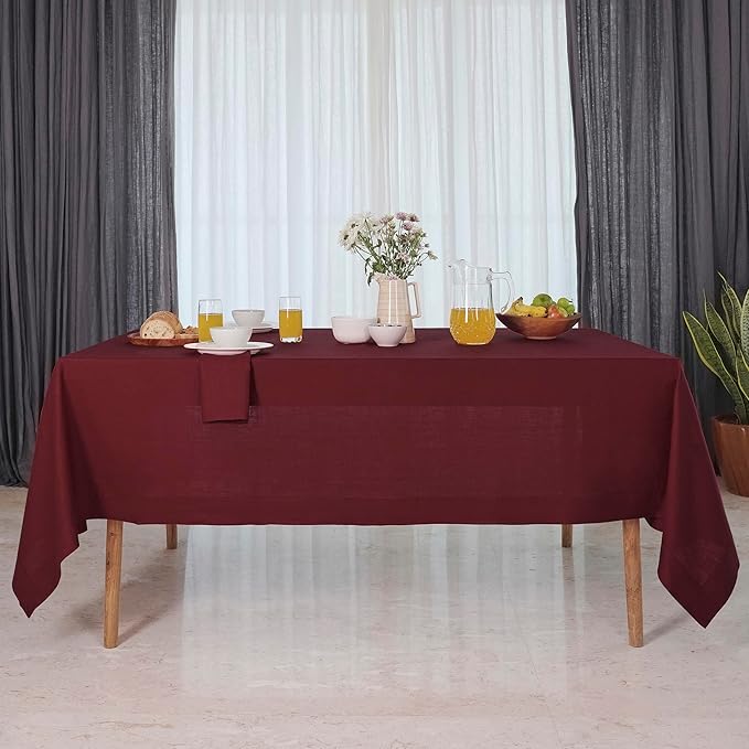 D'Moksha Homes Linen Tablecloth 60 x 120 Inch - 100% Pure Linen Dark Red Table Cloth for Rectangle Tables - Machine Washable Cloth Tablecloth for Valentines, Spring