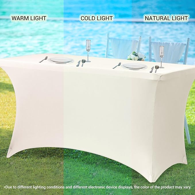 Obstal 4Ft Stretch Spandex Table Cover for Standard Folding Tables - 2 Pack Universal Rectangular Fitted Tablecloth for Party, Banquet, Events, Trade Show (Cream, 48L x 24W x 30H Inches)
