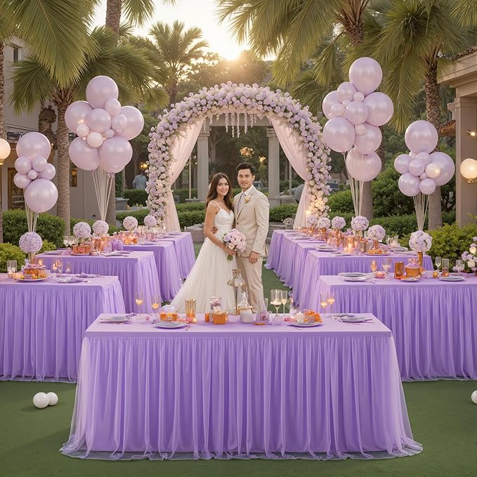 Suppromo 2 Pack 6ft Lavender Tulle Tablecloths for Rectangle Tables 6 Foot Rectangular Table Cloth Wrinkle Free Table Cover with Tutu Skirt for Wedding Baby Shower Birthday Party Banquet Buffet Cake
