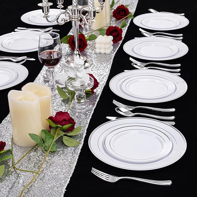 I00000 200 Pcs Silver Plastic Plates - Silver Disposable Party Plates Include 100 Dinner Plate and 100 Elegant Dessert Plate Perfect for Party, Holiday, Wedding & Birthday