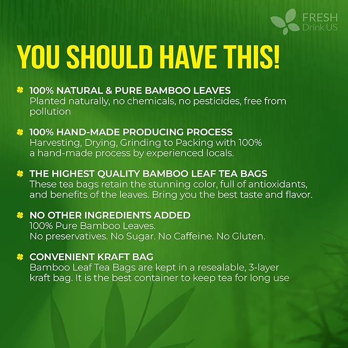 FreshDrinkUS, Premium Bamboo Leaf Tea Bags | 75 Count | Naturally Light & Refreshing Caffeine-Free Herbal Tea – From 100% Natural Bamboo Leaves. Sugar-Free. Vegan