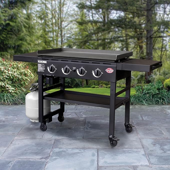 Char-Griller® Flat Iron 4-Burner Propane Gas Flat-Top Griddle with Steel Griddle Top, Wind Guards and Instant-Ignition, 775 Cooking Square Inches in Black, Model E8936