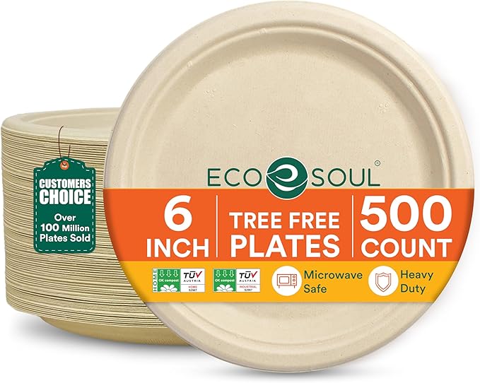 ECO SOUL Compostable Paper Plates 6 Inch (500 Count) Plates for Dessert, Heavy Duty, Eco-Friendly Sugarcane Bagasse Small Plates For Appetizer- Natural Brown