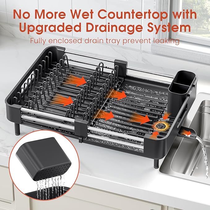 TOOLF Dish Drying Rack with Drainboard, Extendable Dish Rack for Kitchen Counter, Expandable Dish Drainer, Dish Strainer, Foldable Home Countertop Plate Storage Rack with Cutlery Holder, Black