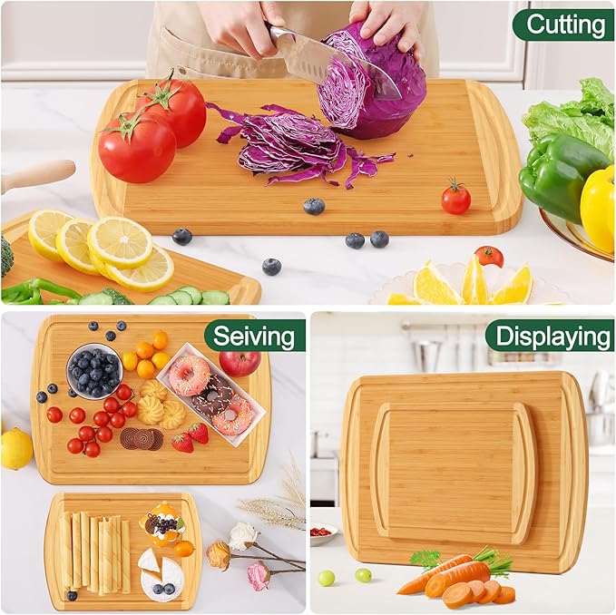 Homaxy Bamboo Cutting Boards for Kitchen Set of 2, Wood Cutting Board Set with Juice Groove, Wooden Butcher Block Chopping Board Set for Kitchen, Meat, Cheese, Fruit & Vegetables - Pre Oiled, Two-Tone