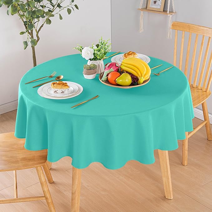 Hiasan Round Textured Tablecloth 60 Inch - Waterproof Spillproof Antiwrinkle Jacquard Table Cloth, Decorative Polyester Table Cover for Kitchen, Outdoor Picnic, Holiday and Parties, Aqua