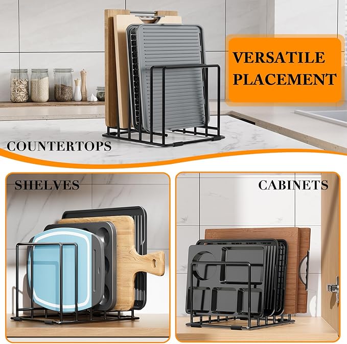 Baking Sheet Organizer Rack – 5-Slot Bakeware & Cookie Tray Holder for Kitchen Cabinet or Countertop, Stainless Steel Cutting Board Rack with Rust-Resistant Frame & Anti-Slip Feet