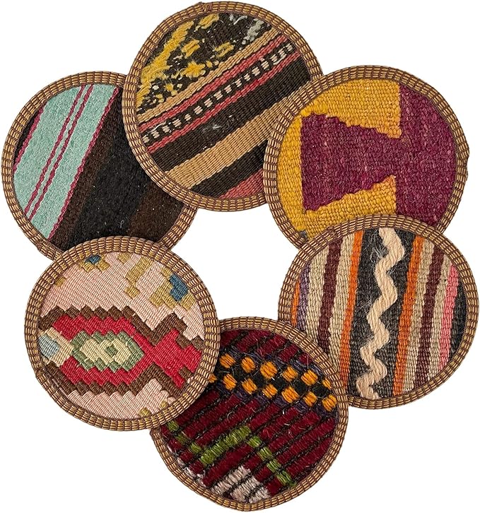 Kilim Fabric Coaster Set, Boho Coaster Set, Midwestern Coasters, Cloth Coaster Set, Authentic Turkish Kilim (8 Coasters)