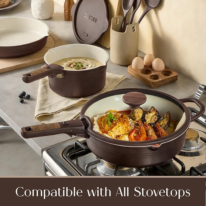 CAROTE 20Pcs Titanium Cookware Set, Pots and Pans Set Non Stick, Kitchen Cooking Set with Detachable Handle, Non Toxic Induction Cookware, Dishwasher/Oven Safe, Browm