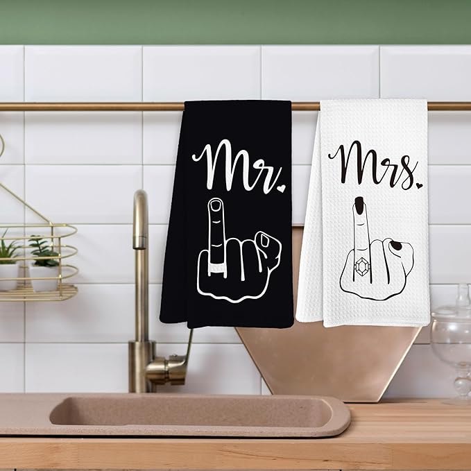 Mr and Mrs Kitchen Towels, Honeymoon Gifts Decorative Dish Tea Towels for Kitchen Bathroom, Hubby and Wifey Gifts, Valentines Day Bride and Groom Gifts Hand Dish Towels Set of 2,16x24in