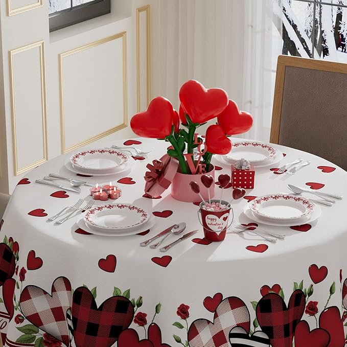 XCHI Plaid Love Hearts Valentine’s Day Tablecloth Round Table Cloth Washable Table Covers for Indoor Outdoor Dining Home Party Decorations 70x70 Inch