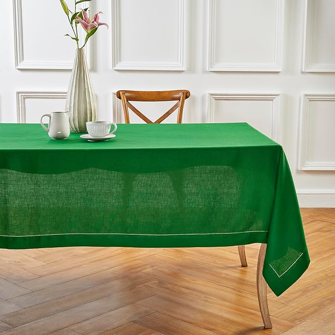 Solino Home Garden Green Linen Tablecloth 60 x 144 Inch - 100% Pure Linen Hemstitch Table Cloth for Rectangle Tables - Classic Hemstitch, Washable Tablecloth for Winter, St Patricks Day, Easter