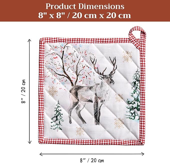 Maison d' Hermine Pot Holders Set 100% Cotton Heat Resistant Potholders 8" x 8" Hot Pads with Loop for Thanksgiving Christmas Decorations BBQ Baking Handling Hot Pans (Pack of 2, Rural Christmas)