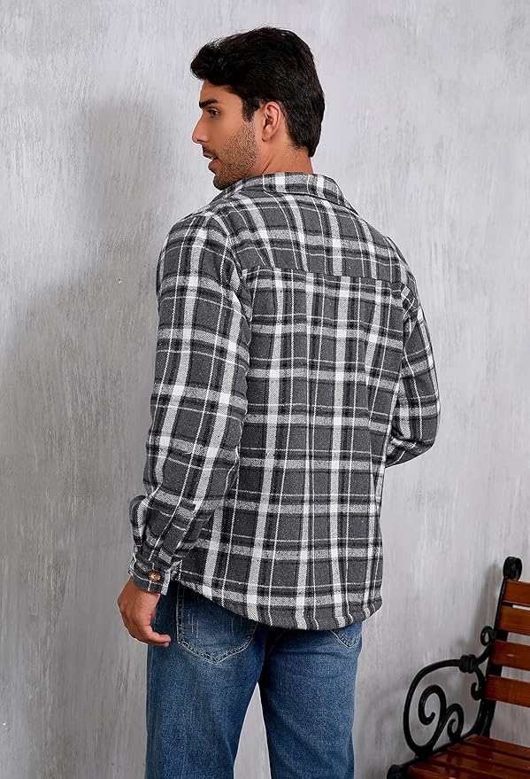 Men's Cotton Sherpa Lined Button Down Flannel Shirt Jacket Plaid Soft Outdoor Flannel Jacket Shirt
