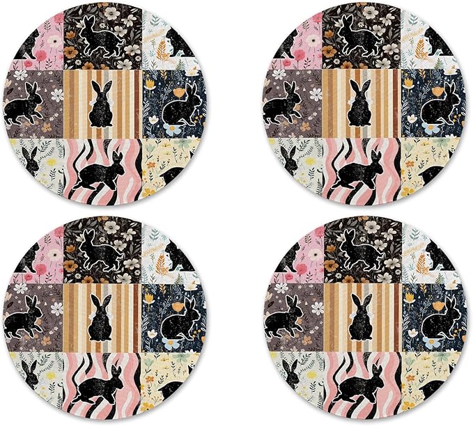 Happy Easter Bunny Design Cute Neoprene Drink Coasters (Set of 4) Spring Coffee Table Patio Decor - Handmade by The Painted Pug (Bunny Quilt)