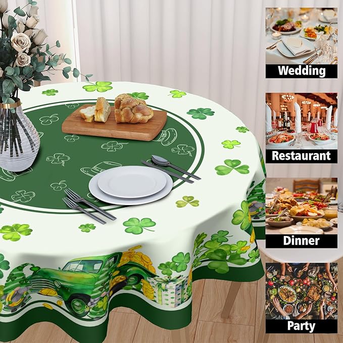 St Patricks Day Round Tablecloth 60 Inch Green St Patrick's Day Shamrocks Gnome Truck Table Cloth Spring Holiday Table Cover for Party Kitchen Dinner Home Decor