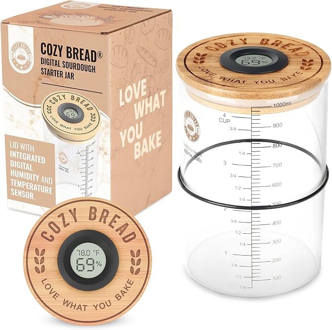 Cozy Bread® Digital Sourdough Starter Jar – 34oz Glass Fermentation Jar with Digital Temperature & Humidity Sensor | Perfect for Growing Sourdough Starter | USA Brand