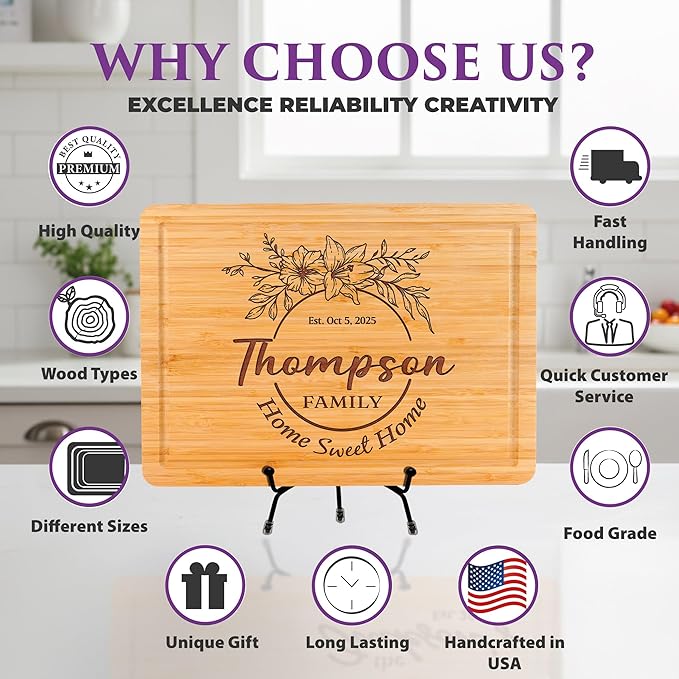 Personalized Cutting Board with Home Sweet Home Design, Custom Engraved Housewarming Gift for Friends, New Home, Realtor Closing Gift for Clients, Kitchen Decor, Neighbors or First-Time Home Buyers