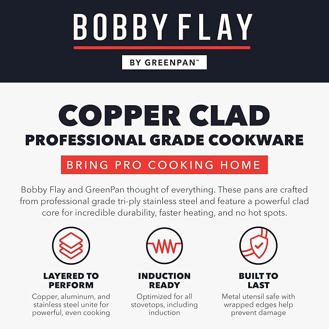 GreenPan x Bobby Flay 2QT Copper Clad Chef’s Pan with Lid, Induction Ready Sauce Pot, Measurement Markings, Stainless Steel Base & Interior, Oven Safe Saucepan to 500˚F