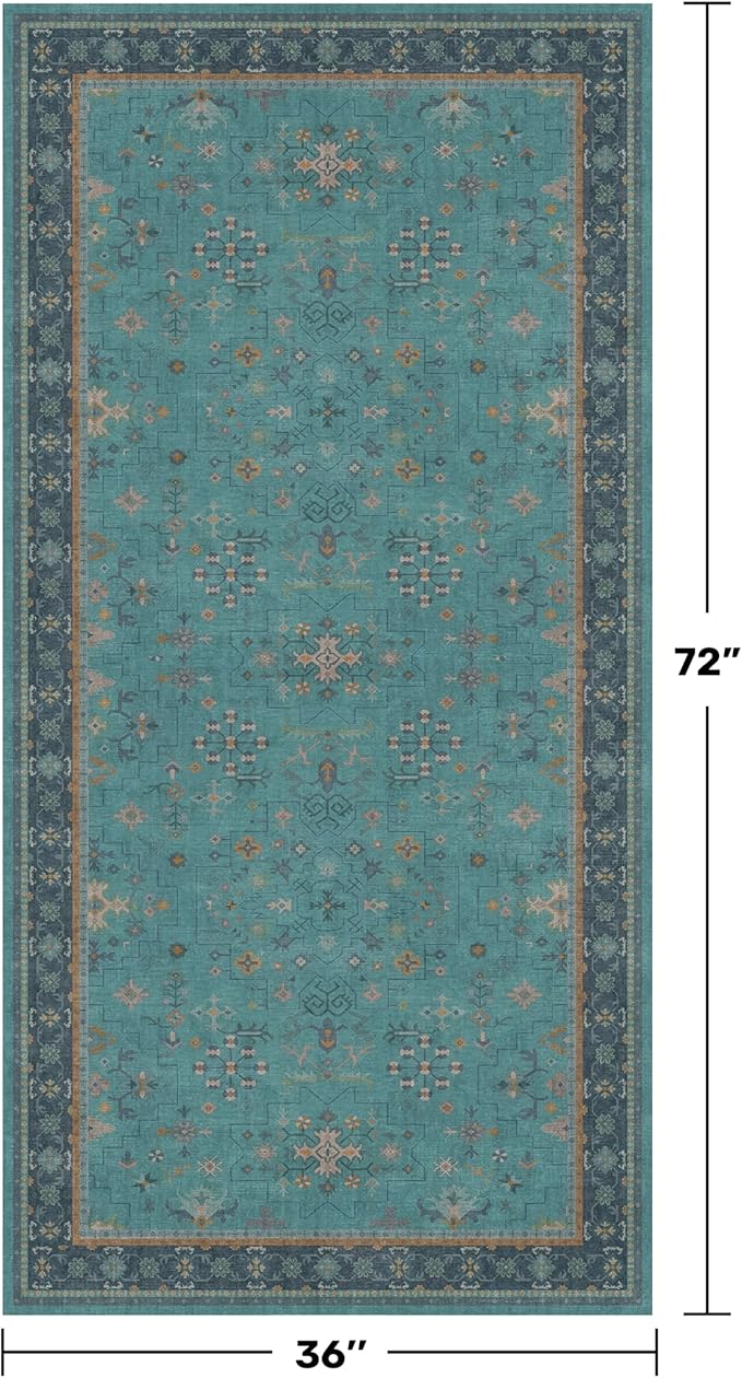Teal 3x6 Wide Non Slip Kitchen Rug - Washable Front Door Runner Indoor Entrance, Vintage Floral Pattern Indoor Decor, Non Slip Soft Low Pile Fade Resistant