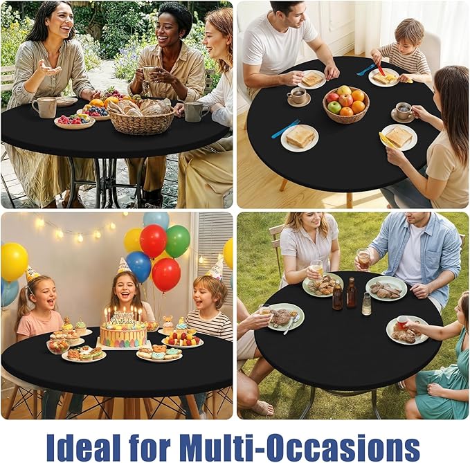 Round Spandex Tablecloth, Elastic Fitted Waterproof Tablecloths for 31"-35" Tables, Stretch Washable Picnic Table Cover for Camping, Dining, Indoor and Outdoor, Black