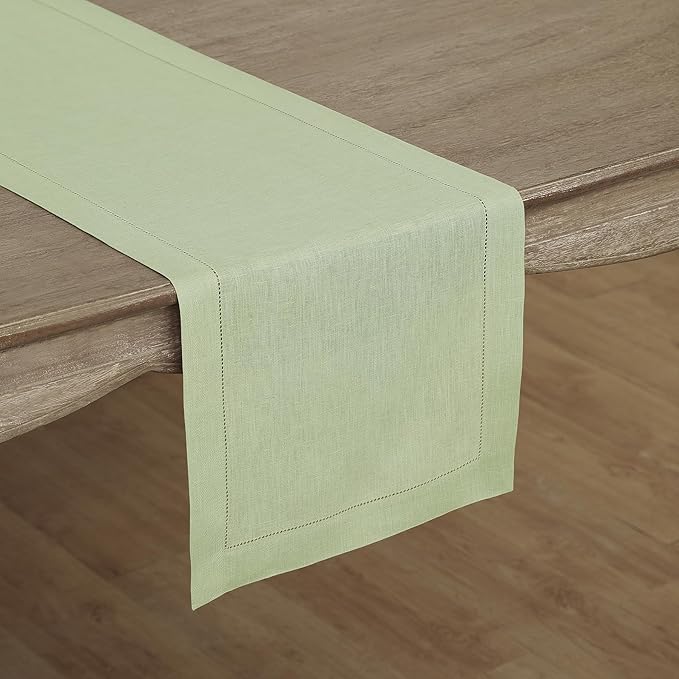 Solino Home Linen Sage Green Table Runner 120 Inches Long - 100% Pure Linen Hemstitch 14 x 120 Inch Table Runner for Dining, Spring, St Patricks Day, Easter - Classic Hemstitch