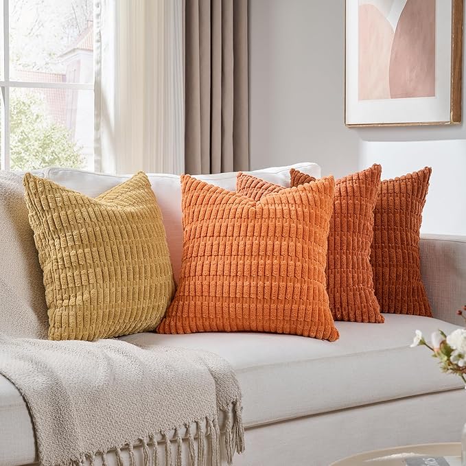 Fancy Homi Set of 4 Burnt Orange Fall Decorative Throw Pillow Covers 18x18 Inch for Couch Bed Chair, Modern Farmhouse Boho Room Decor, Soft Fuzzy Corduroy Textured Striped Cushion Case 45cm