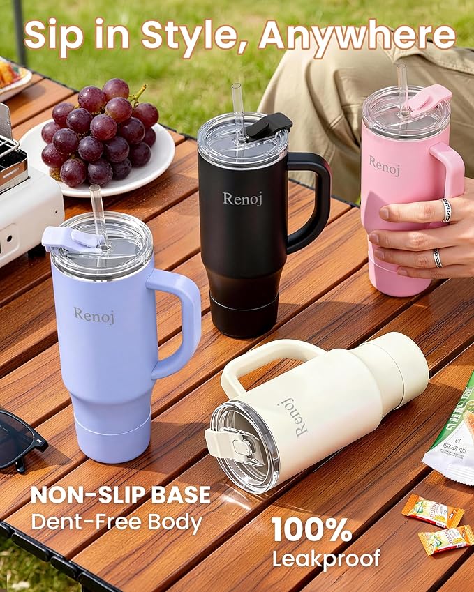 Renoj Tumbler with Handle 100% Leak Proof Insulated Water Bottle for Iced Coffee & Hot Drinks - Fits Car Cup Holder, Ideal Gift, 2 Straws & Silicone Boot BPA-Free - SnapShift Blue 32 oz