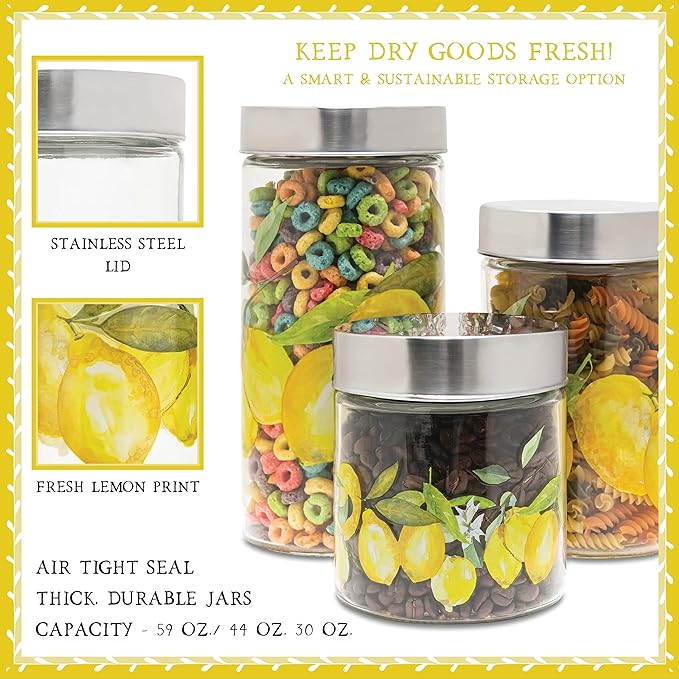 American Atelier Canister Set 3-Piece Glass Jars in 59oz, 44oz & 30oz w/Printed Design and Silver Lid, Airtight Lids for Cookies, Candy, Coffee, Flour, Sugar, Rice, Pasta, Cereal & More