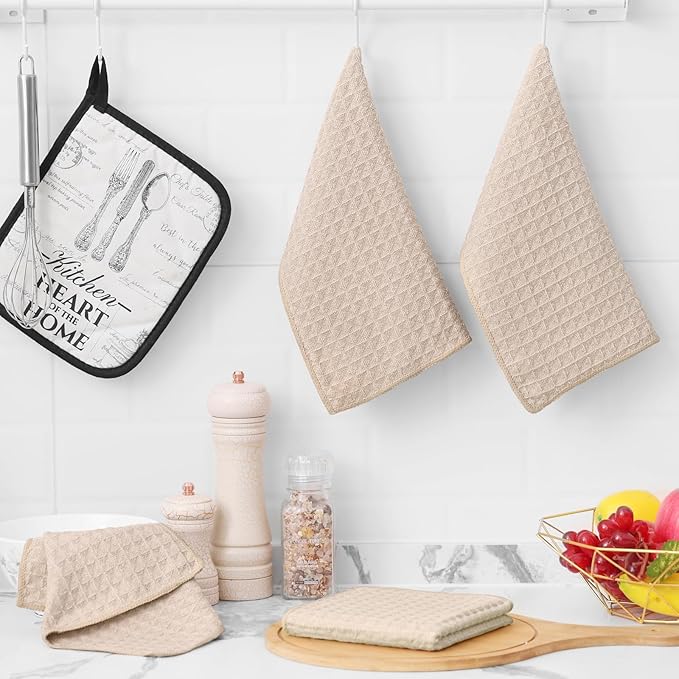 Homaxy Microfiber Waffle Weave Kitchen Towels Set, 16 x 28 Inch and 12 x 12 Inch Ultra Absorbent and Solid Color Dish Towels, 12 Pack, Beige