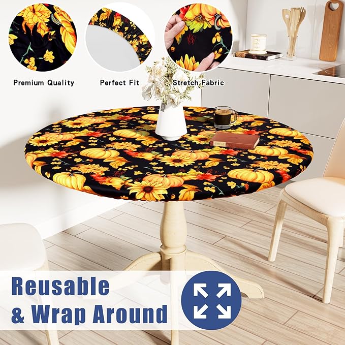 Round Spandex Thanksgiving Tablecloth, Elastic Fitted Waterproof Tablecloths for 57"-68" Tables, Stretch Washable Picnic Table Cover for Autumn Harvest Parties, Pumpkin Sunflower