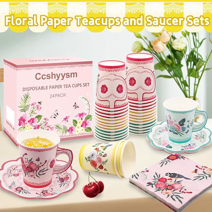 Disposable Tea Cups - 24 Pack Paper Tea Cups and Saucers 9oz Floral Teacups with Handle Tea Party Decorations Supplies for Kids Girls Coffee Mugs Wedding Birthday Bridal Baby Shower