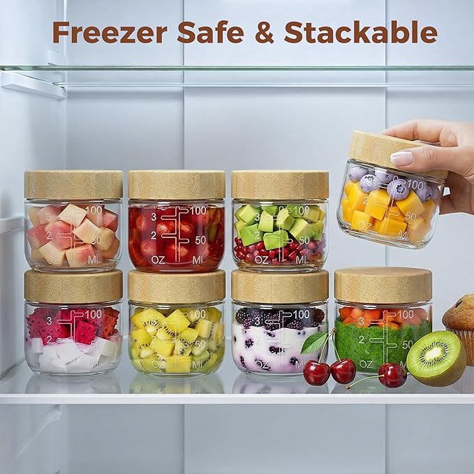 4oz Glass Salad Dressing Containers with Bamboo Lids - 3 Pack Small Airtight Condiment Cups, Leakproof Mini Sauce Jars for Picnic, Ketchup, Dip & Snacks, BPA-Free & Dishwasher Safe