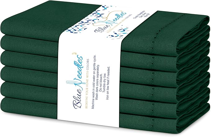 Blue Needles Set of 6 Hemstitch Linen Napkins 100% Cotton Forest Green Cloth Dinner Napkins 18x18 inches, Soft, Reusable, Absorbent, Washable, Ideal for Wedding Events, Parties & Everyday Use