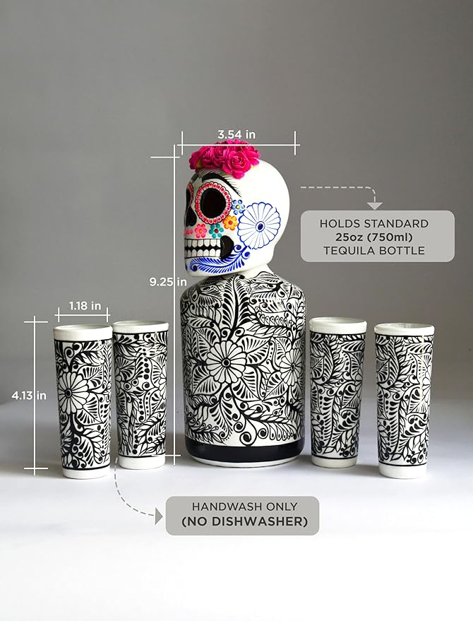 Tequila Decanter Set,Frida Kahlo Gift, Hand-painted Decanter, Skull Decanter, Bar Decoration, Unique Tequila Gift, Artesania mexicana, Catrina, Mexican Sugarskulls (White Frida Kahlo Set)