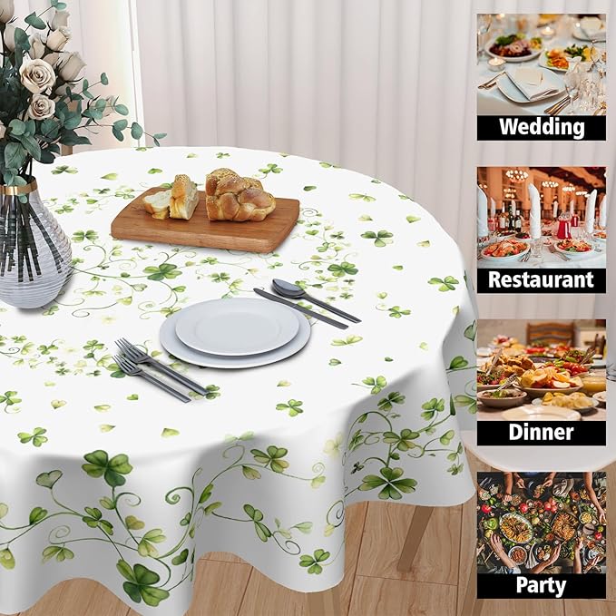 St. Patrick's Day Tablecloth Round 70 Inch Green Shamrock Circle Table Cloth Spring Holiday Lucky Clover Table Cover for Party Kitchen Dinner Home Decor