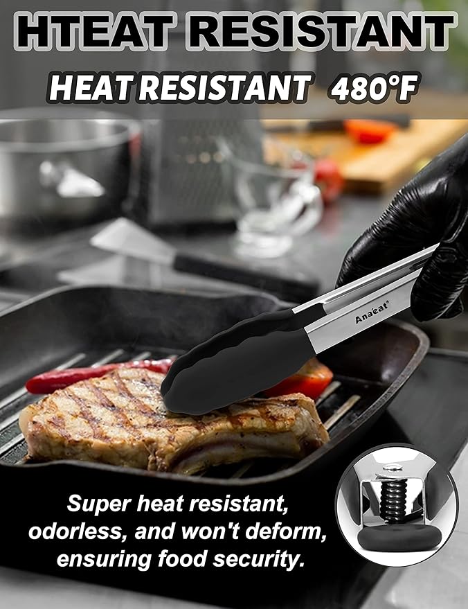 Anaeat Non-Stick Silicone Locking Tong Set of 3 - Stainless Steel 7", 9", 12" Kitchen Food Tongs with Non-Slip Silicone Tips and Grip for Cooking, Baking and BBQ - Heat Resistant up to 480°F (Black)