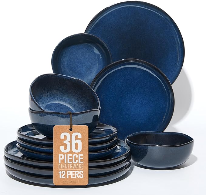 Extra Large Dinnerware Set for 12, 36 Pieces Ceramic Plates and Bowls Set, Kitchen Dish Set, Microwave & Dishwasher Safe Dishware, Ocean-Inspired Stoneware for Big Gatherings, Starry Blue
