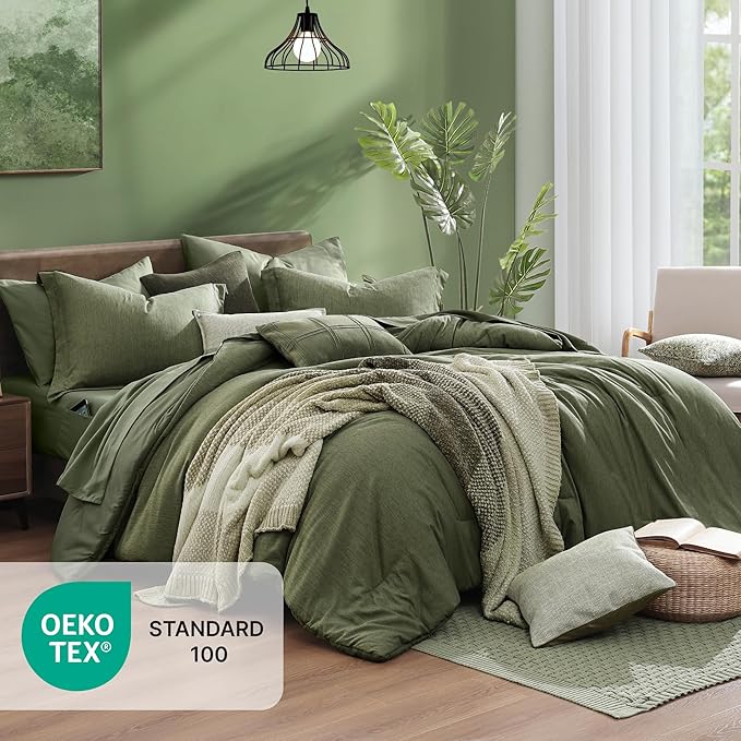 Monbix Queen Comforter Set - 7 Pieces Cationic Dyeing Olive Green Bed in a Bag Queen Bedding Sets with Comforter, Sheets, Pillowcases & Shams, Reversible Bedding Comforters Sets