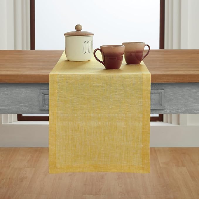 Solino Home Linen Table Runner 132 Inches Long - Athena, 100% Pure Linen Chambray Lemon Yellow Table Runner 14 x 132 Inch for Dining, Spring, Easter