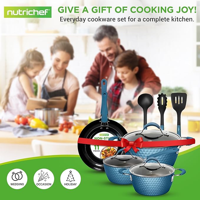 NutriChef 11 Pc Pots and Pans Set - Non Stick Cookware Set with Ceramic Coating, Ergonomic Handles, Induction Ready, Includes Saucepan, Dutch Oven, Large & Small Fry Pans - Royal Blue