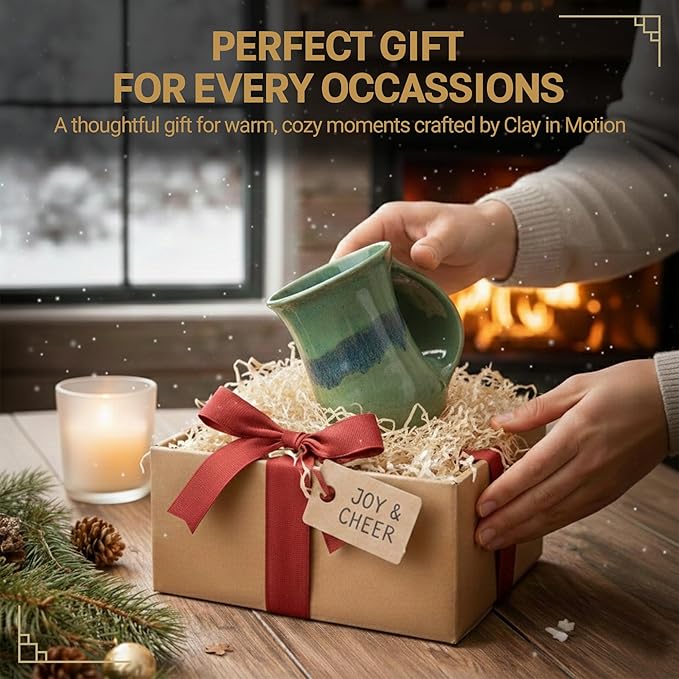Clay in Motion Hand Warmer Coffee Mug – Handmade Coffee Mug With Comfortable Handle Contoured Pocket Hand Warming Ceramic Coffee Mug – Proudly Made in USA – Right Handed – 14 Oz - Misty Green