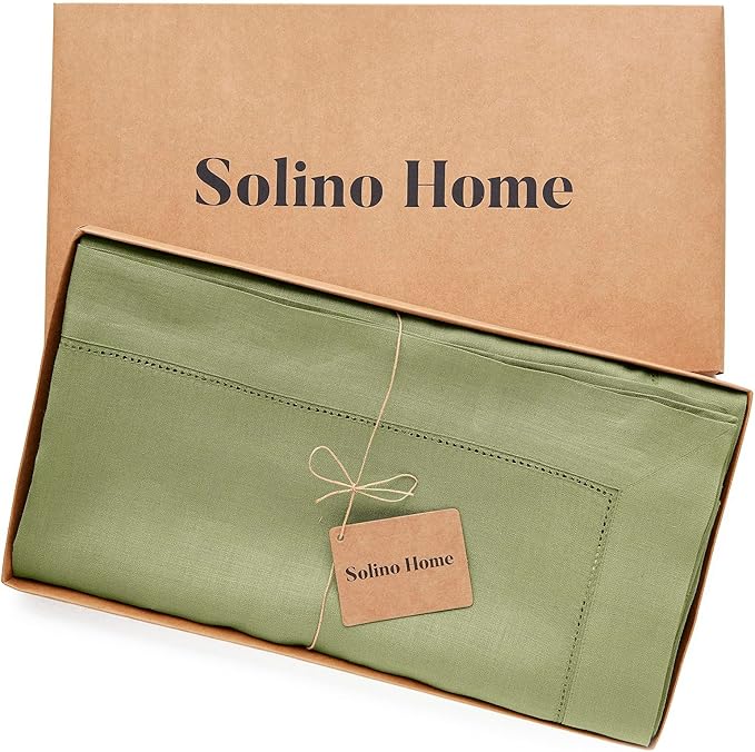 Solino Home Linen Moss Green Tablecloth 60 x 108 Inch - Classic Hemstitch, 100% Pure Linen Rectangular Tablecloth - Machine Washable Table Cloth for Winter, Spring, Easter, St Patricks Day