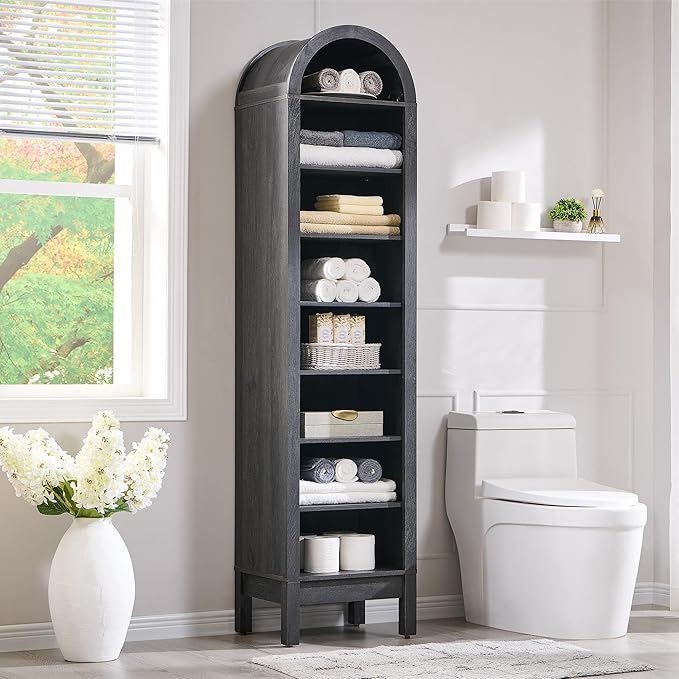 71" Tall Arched Bookshelf, 8 Tiers Arch Bookcase with Storage, Modern Farmhouse Book Shelf with Adjustable Shelves, Wood Bookshelf w/Open Display Shelves for Living Room, Office (Dark Grey)