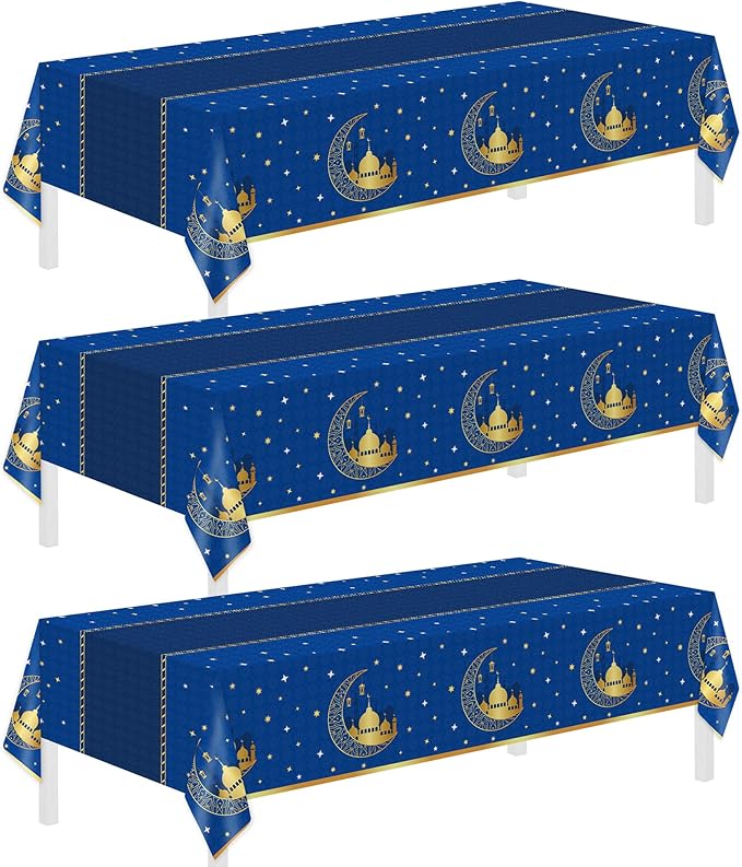 Childom 3 Pack Ramadan Mubarak Tablecloths for Eid Mubarak Decorations,54" x 108" Plastic Disposable Ramadan Kareem Table Cloth,Blue Eid al-Fitr Table Covers for Rectangle Tables,Dinner,Party Favors