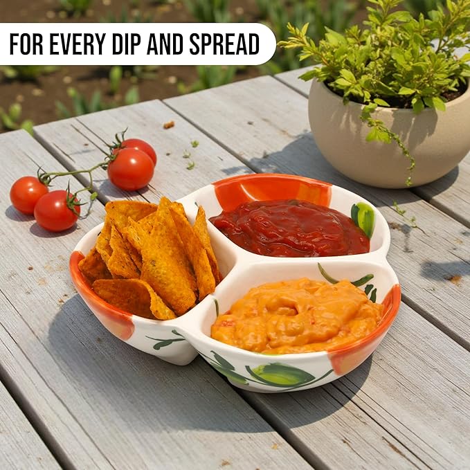 Ceramic Chip & Dip Bowl 7.5”, 3-Compartment Divided Serving Dish & Condiment Tray for Appetizers – Handmade in Spain, Lead-Free Glaze, Microwave, Oven & Dishwasher Safe