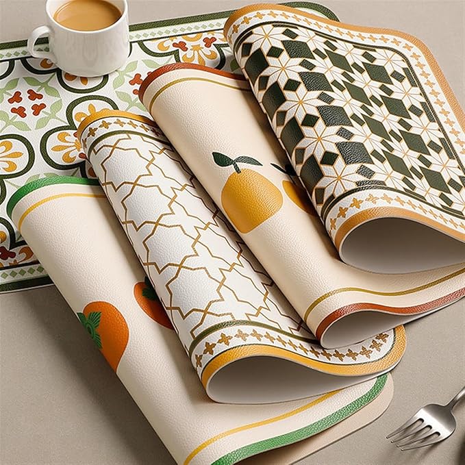 Printed Leather Placemat Style PVC Table Mat Waterproof Oilproof Heat-Insulated Plate Bowl Pad Room Decor 4pcs(C)