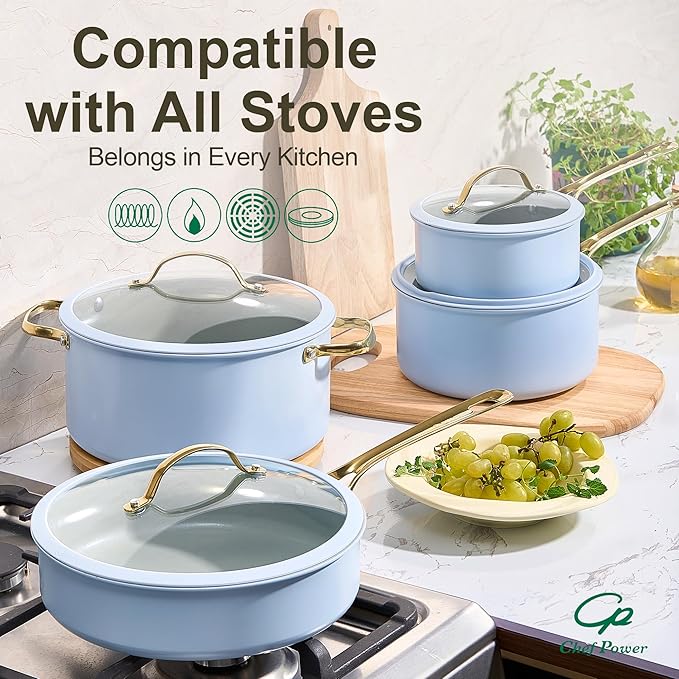 Chef Power Ceramic Cookware Sets, 10Pcs Pots and Pans Set Non Stick, Cookware Set with Stainless Steel Handle, Dishwasher & Oven Safe, Light Blue and Granite Grey